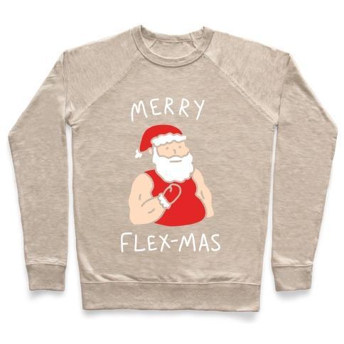 Virgin Teez  Pullover Crewneck Sweatshirt / x-small / Heathered Oatmeal MERRY FLEX-MAS CREWNECK SWEATSHIRT