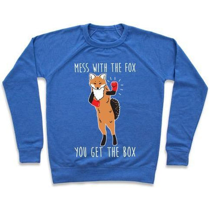 Virgin Teez  Pullover Crewneck Sweatshirt / x-small / Heathered Blue MESS WITH THE FOX YOU GET THE BOX CREWNECK SWEATSHIRT