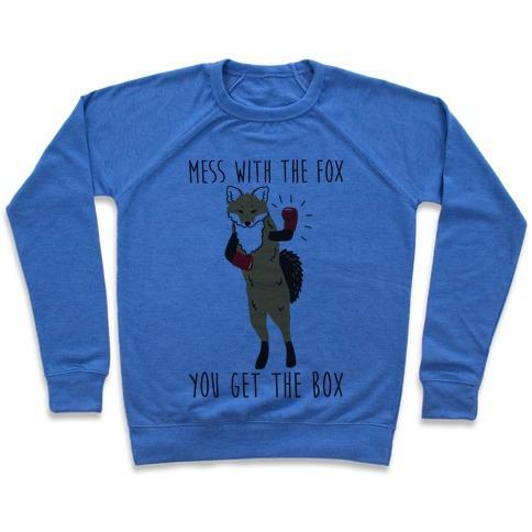 Virgin Teez  Pullover Crewneck Sweatshirt / x-small / Heathered Blue MESS WITH THE FOX YOU GET THE BOX CREWNECK SWEATSHIRT