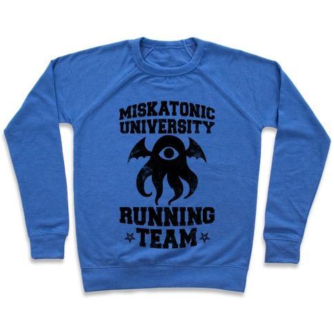 Virgin Teez  Pullover Crewneck Sweatshirt / x-small / Heathered Blue MISKATONIC UNIVERSITY RUNNING TEAM CREWNECK SWEATSHIRT