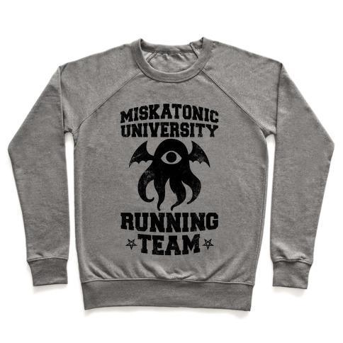 Virgin Teez  Pullover Crewneck Sweatshirt / x-small / Heathered Gray MISKATONIC UNIVERSITY RUNNING TEAM CREWNECK SWEATSHIRT