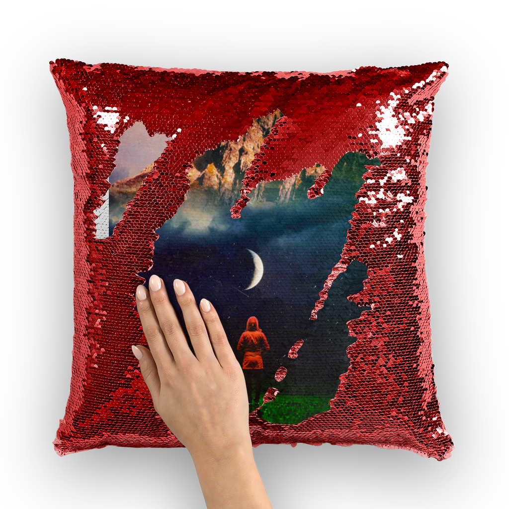 VIRGIN TEEZ Sequin Cover Red / White Moon on Earth Sequin Cushion Cover