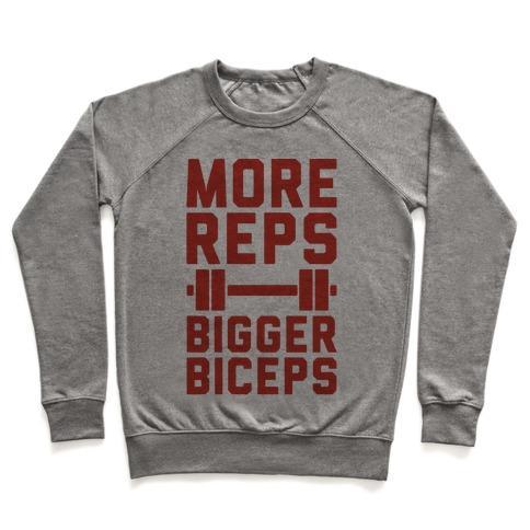 Virgin Teez  Pullover Crewneck Sweatshirt / x-small / Heathered Gray MORE REPS BIGGER BICEPS CREWNECK SWEATSHIRT