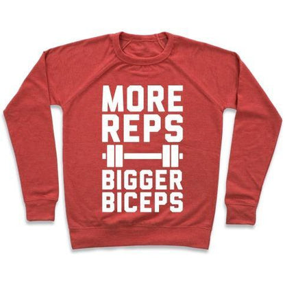 Virgin Teez  Pullover Crewneck Sweatshirt / x-small / Heathered Red MORE REPS BIGGER BICEPS CREWNECK SWEATSHIRT