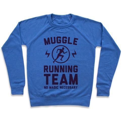 Virgin Teez  Pullover Crewneck Sweatshirt / x-small / Heathered Blue MUGGLE RUNNING TEAM - NO MAGIC NECESSARY CREWNECK SWEATSHIRT