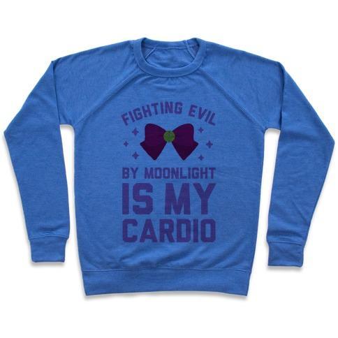 Virgin Teez  Pullover Crewneck Sweatshirt / x-small / Heathered Blue MY CARDIO IS FIGHTING EVIL BY MOONLIGHT CREWNECK SWEATSHIRT