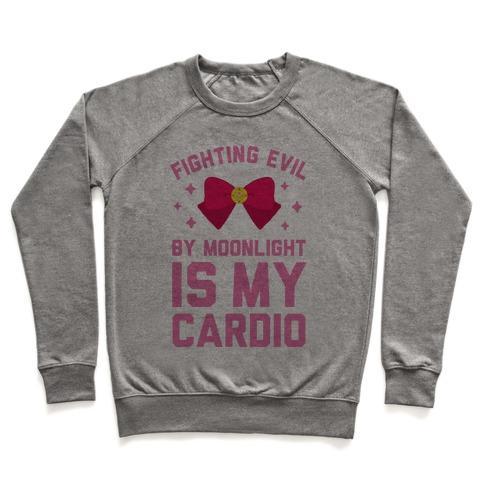 Virgin Teez  Pullover Crewneck Sweatshirt / x-small / Heathered Gray MY CARDIO IS FIGHTING EVIL BY MOONLIGHT CREWNECK SWEATSHIRT