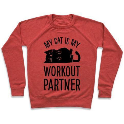 Virgin Teez  Pullover Crewneck Sweatshirt / x-small / Heathered Red MY CAT IS MY WORKOUT PARTNER CREWNECK SWEATSHIRT