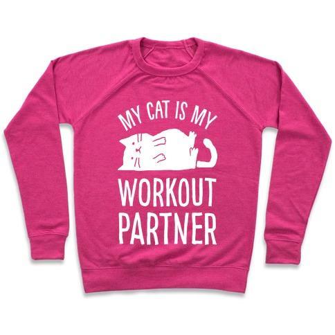 Virgin Teez  Pullover Crewneck Sweatshirt / x-small / Deep Pink MY CAT IS MY WORKOUT PARTNER CREWNECK SWEATSHIRT