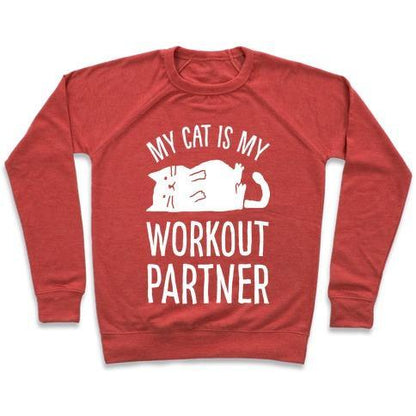 Virgin Teez  Pullover Crewneck Sweatshirt / x-small / Heathered Red MY CAT IS MY WORKOUT PARTNER CREWNECK SWEATSHIRT