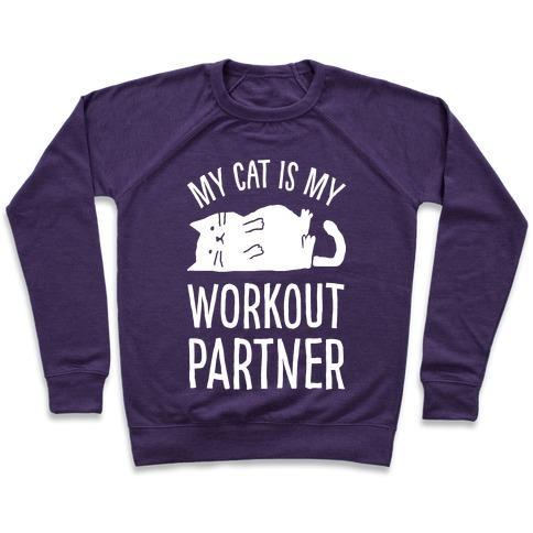 Virgin Teez  Pullover Crewneck Sweatshirt / x-small / Purple MY CAT IS MY WORKOUT PARTNER CREWNECK SWEATSHIRT