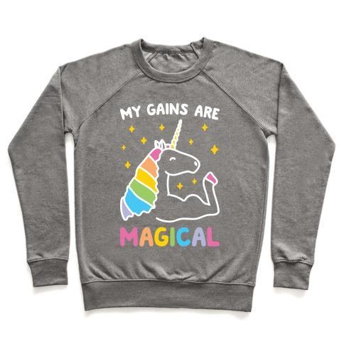 Virgin Teez  Pullover Crewneck Sweatshirt / x-small / Heathered Gray MY GAINS ARE MAGICAL CREWNECK SWEATSHIRT