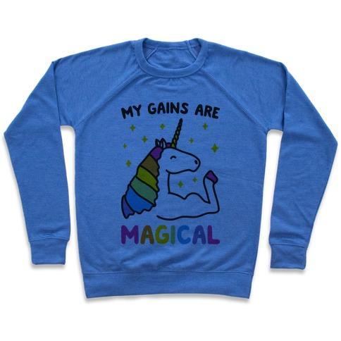 Virgin Teez  Pullover Crewneck Sweatshirt / x-small / Heathered Blue MY GAINS ARE MAGICAL CREWNECK SWEATSHIRT