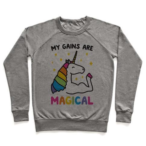 Virgin Teez  Pullover Crewneck Sweatshirt / x-small / Heathered Gray MY GAINS ARE MAGICAL CREWNECK SWEATSHIRT