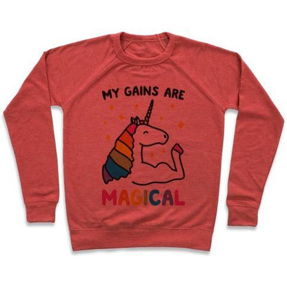 Virgin Teez  Pullover Crewneck Sweatshirt / x-small / Heathered Red MY GAINS ARE MAGICAL CREWNECK SWEATSHIRT