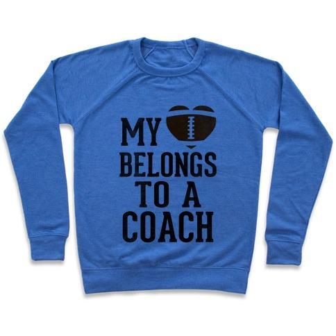 Virgin Teez  Pullover Crewneck Sweatshirt / x-small / Heathered Blue MY HEART BELONGS TO A FOOTBALL COACH (BASEBALL TEE) CREWNECK SWEATSHIRT