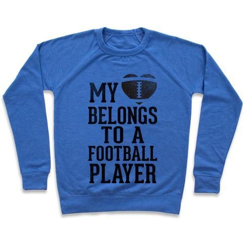 Virgin Teez  Pullover Crewneck Sweatshirt / x-small / Heathered Blue MY HEART BELONGS TO A FOOTBALL PLAYER (BASEBALL TEE) CREWNECK SWEATSHIRT