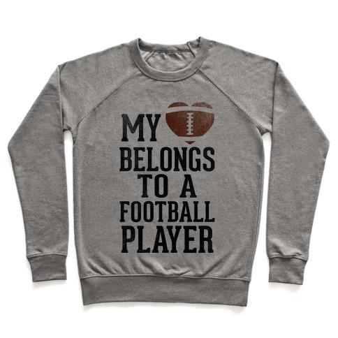 Virgin Teez  Pullover Crewneck Sweatshirt / x-small / Heathered Gray MY HEART BELONGS TO A FOOTBALL PLAYER (BASEBALL TEE) CREWNECK SWEATSHIRT