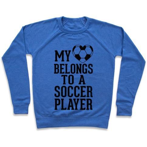 Virgin Teez  Pullover Crewneck Sweatshirt / x-small / Heathered Blue MY HEART BELONGS TO A SOCCER PLAYER (BASEBALL TEE) CREWNECK SWEATSHIRT