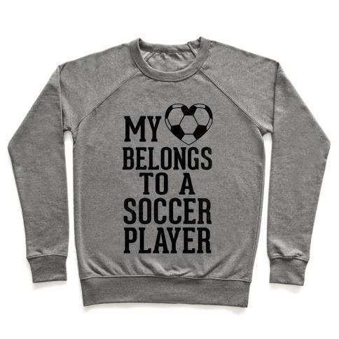 Virgin Teez  Pullover Crewneck Sweatshirt / x-small / Heathered Gray MY HEART BELONGS TO A SOCCER PLAYER (BASEBALL TEE) CREWNECK SWEATSHIRT