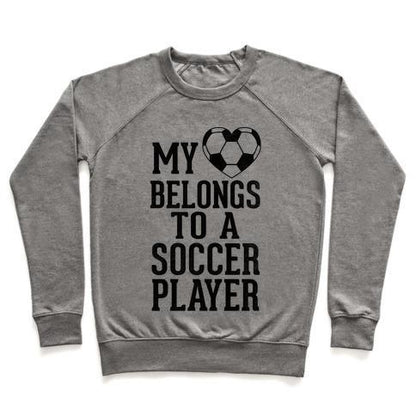 Virgin Teez  Pullover Crewneck Sweatshirt / x-small / Heathered Gray MY HEART BELONGS TO A SOCCER PLAYER (BASEBALL TEE) CREWNECK SWEATSHIRT