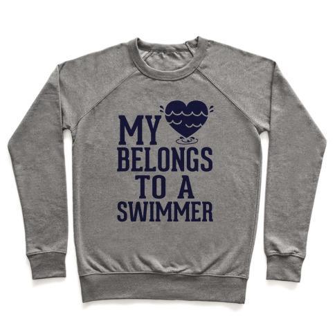 Virgin Teez  Pullover Crewneck Sweatshirt / x-small / Heathered Gray MY HEART BELONGS TO A SWIMMER CREWNECK SWEATSHIRT