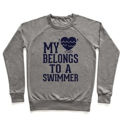 Virgin Teez  Pullover Crewneck Sweatshirt / x-small / Heathered Gray MY HEART BELONGS TO A SWIMMER CREWNECK SWEATSHIRT