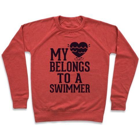 Virgin Teez  Pullover Crewneck Sweatshirt / x-small / Heathered Red MY HEART BELONGS TO A SWIMMER CREWNECK SWEATSHIRT