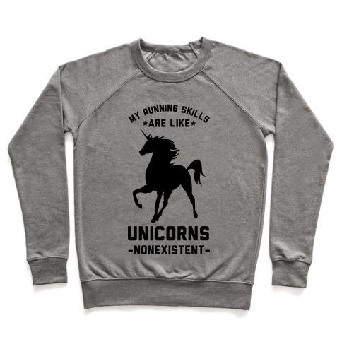 Virgin Teez  Pullover Crewneck Sweatshirt / x-small / Heathered Gray MY RUNNING SKILLS ARE LIKE UNICORNS NONEXISTENT CREWNECK SWEATSHIRT