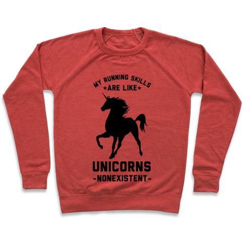 Virgin Teez  Pullover Crewneck Sweatshirt / x-small / Heathered Red MY RUNNING SKILLS ARE LIKE UNICORNS NONEXISTENT CREWNECK SWEATSHIRT