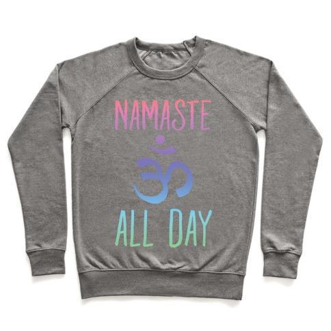 Virgin Teez  Pullover Crewneck Sweatshirt / x-small / Heathered Gray NAMASTE ALL DAY CREWNECK SWEATSHIRT