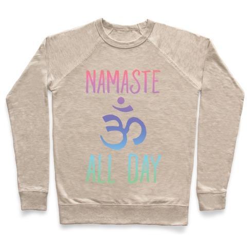 Virgin Teez  Pullover Crewneck Sweatshirt / x-small / Heathered Oatmeal NAMASTE ALL DAY CREWNECK SWEATSHIRT