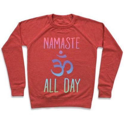 Virgin Teez  Pullover Crewneck Sweatshirt / x-small / Heathered Red NAMASTE ALL DAY CREWNECK SWEATSHIRT