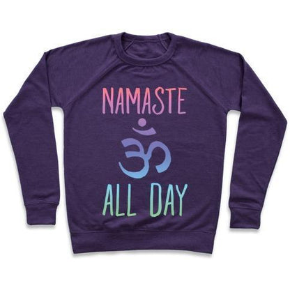 Virgin Teez  Pullover Crewneck Sweatshirt / x-small / Purple NAMASTE ALL DAY CREWNECK SWEATSHIRT