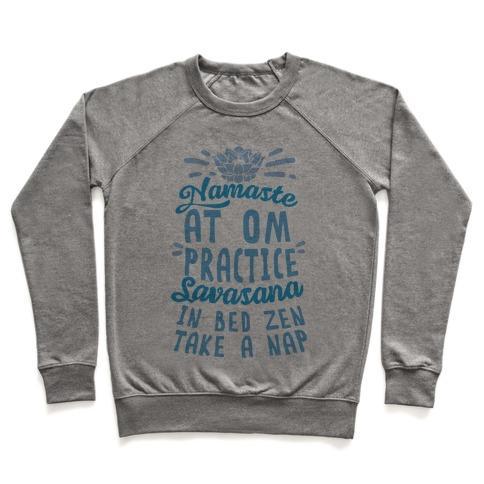 Virgin Teez  Pullover Crewneck Sweatshirt / x-small / Heathered Gray NAMASTE AT OM PRACTICE SAVASANA IN BED ZEN TAKE A NAP CREWNECK SWEATSHIRT