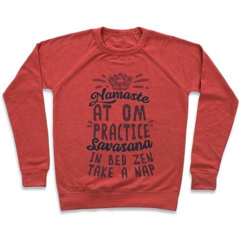 Virgin Teez  Pullover Crewneck Sweatshirt / x-small / Heathered Red NAMASTE AT OM PRACTICE SAVASANA IN BED ZEN TAKE A NAP CREWNECK SWEATSHIRT