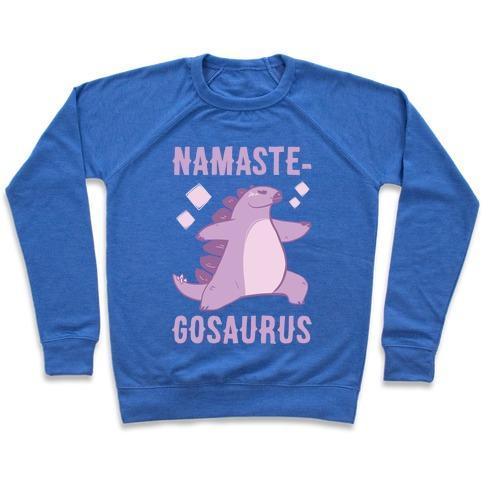 Virgin Teez  Pullover Crewneck Sweatshirt / x-small / Heathered Blue NAMASTE-GOSAURUS CREWNECK SWEATSHIRT