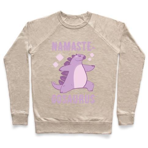 Virgin Teez  Pullover Crewneck Sweatshirt / x-small / Heathered Oatmeal NAMASTE-GOSAURUS CREWNECK SWEATSHIRT