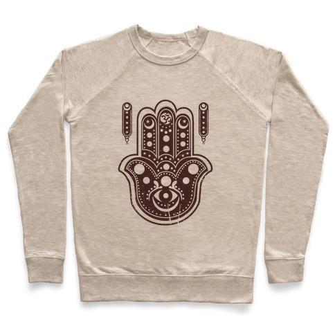 Virgin Teez  Pullover Crewneck Sweatshirt / x-small / Heathered Oatmeal NAMASTE HAMSA HAND CREWNECK SWEATSHIRT