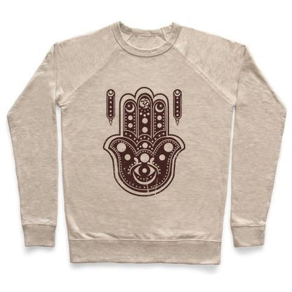 Virgin Teez  Pullover Crewneck Sweatshirt / x-small / Heathered Oatmeal NAMASTE HAMSA HAND CREWNECK SWEATSHIRT