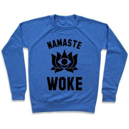 Virgin Teez  Pullover Crewneck Sweatshirt / x-small / Heathered Blue NAMASTE WOKE CREWNECK SWEATSHIRT