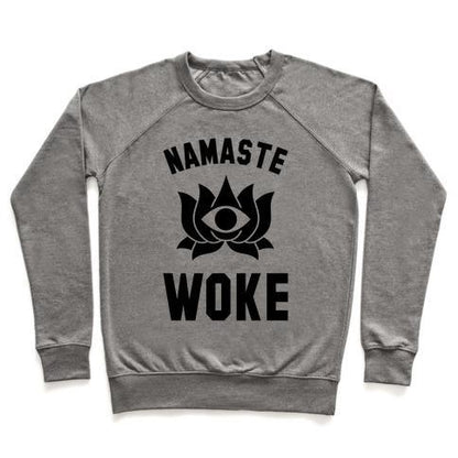 Virgin Teez  Pullover Crewneck Sweatshirt / x-small / Heathered Gray NAMASTE WOKE CREWNECK SWEATSHIRT