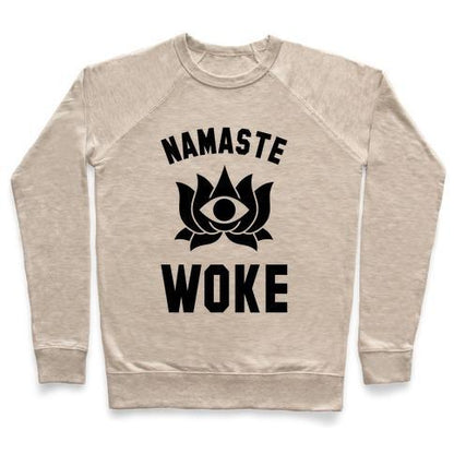 Virgin Teez  Pullover Crewneck Sweatshirt / x-small / Heathered Oatmeal NAMASTE WOKE CREWNECK SWEATSHIRT