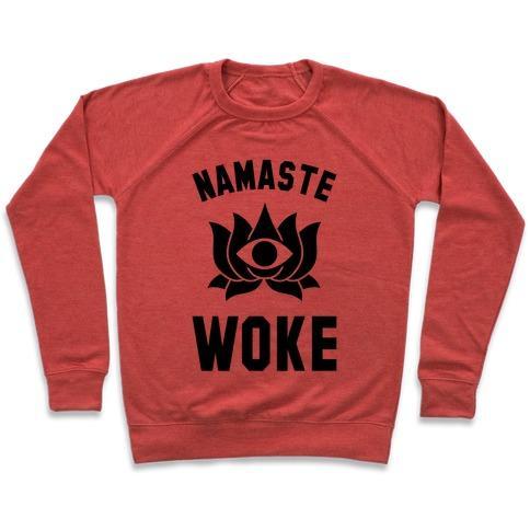 Virgin Teez  Pullover Crewneck Sweatshirt / x-small / Heathered Red NAMASTE WOKE CREWNECK SWEATSHIRT