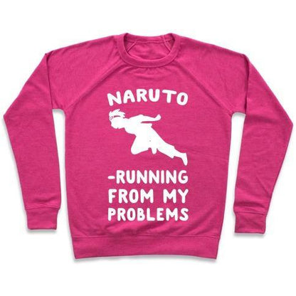 Virgin Teez  Pullover Crewneck Sweatshirt / x-small / Deep Pink NARUTO-RUNNING FROM MY PROBLEMS CREWNECK SWEATSHIRT