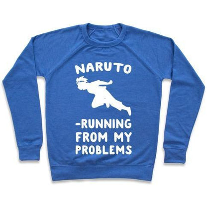 Virgin Teez  Pullover Crewneck Sweatshirt / x-small / Heathered Blue NARUTO-RUNNING FROM MY PROBLEMS CREWNECK SWEATSHIRT