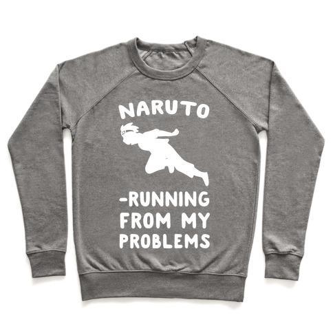 Virgin Teez  Pullover Crewneck Sweatshirt / x-small / Heathered Gray NARUTO-RUNNING FROM MY PROBLEMS CREWNECK SWEATSHIRT