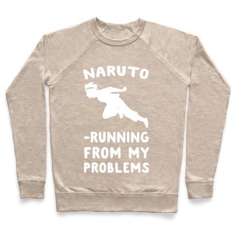 Virgin Teez  Pullover Crewneck Sweatshirt / x-small / Heathered Oatmeal NARUTO-RUNNING FROM MY PROBLEMS CREWNECK SWEATSHIRT