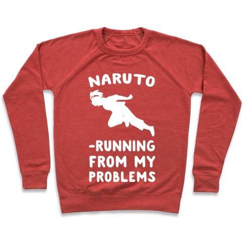 Virgin Teez  Pullover Crewneck Sweatshirt / x-small / Heathered Red NARUTO-RUNNING FROM MY PROBLEMS CREWNECK SWEATSHIRT