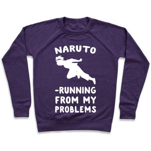 Virgin Teez  Pullover Crewneck Sweatshirt / x-small / Purple NARUTO-RUNNING FROM MY PROBLEMS CREWNECK SWEATSHIRT